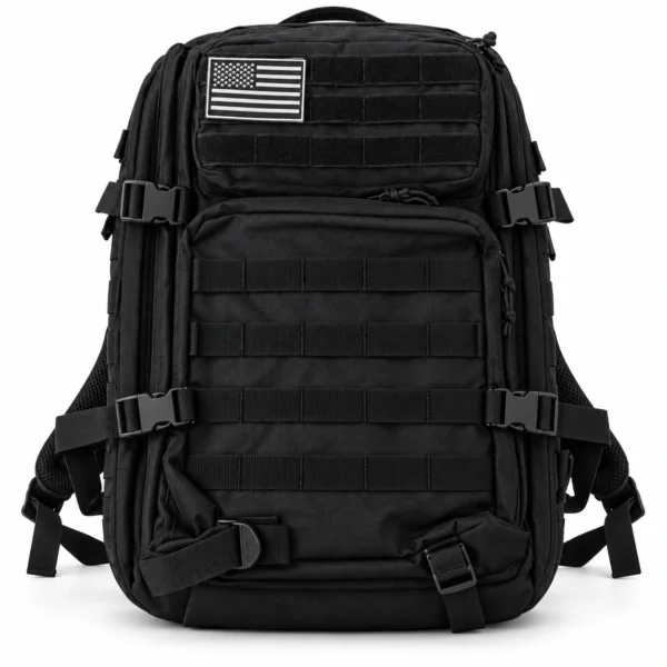 Mochila táctica negra con bolsillos frontales, cintas MOLLE y correas de compresión.